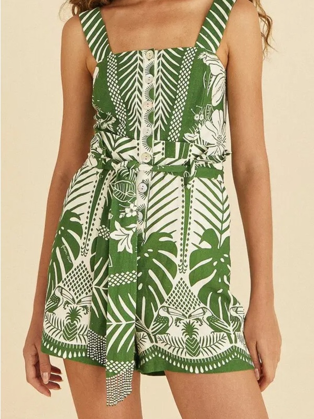 Farm Rio Green & White Tropical Print Romper with Beaded Belt and Pockets - Picture 17 of 17